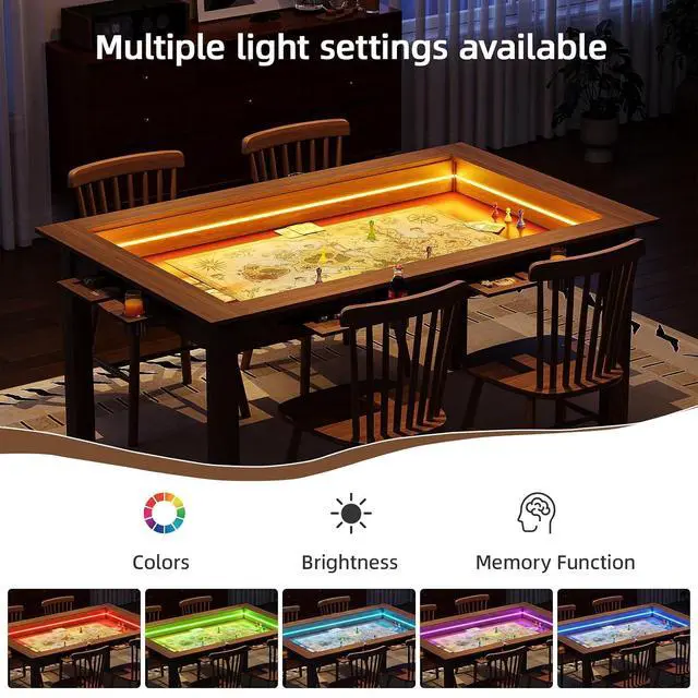 Alt view image 5 of 7 - Board Game Table with Led Lights,63" Dining/Gaming Table, Walnut | Seats 4 to 6 Players, RGB LED Lights, 6 Cup Holders & Trays, 53in x 31.5in Play Area, Removable Top, Game Mat Not Included