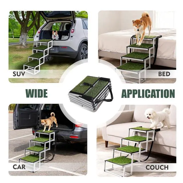 Alt view image 6 of 7 - Foldable Dog Stairs for Car, Lightweight Dog Steps for Medium & Large Dogs, 4 Steps Folding Pet Ramp with Non-Slip Surface & Aluminium Frame for SUV, Truck, Supports Up to 250lbs, Green Carpet