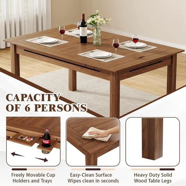 Alt view image 7 of 7 - Board Game Table with Led Lights,63" Dining/Gaming Table, Walnut | Seats 4 to 6 Players, RGB LED Lights, 6 Cup Holders & Trays, 53in x 31.5in Play Area, Removable Top, Game Mat Not Included