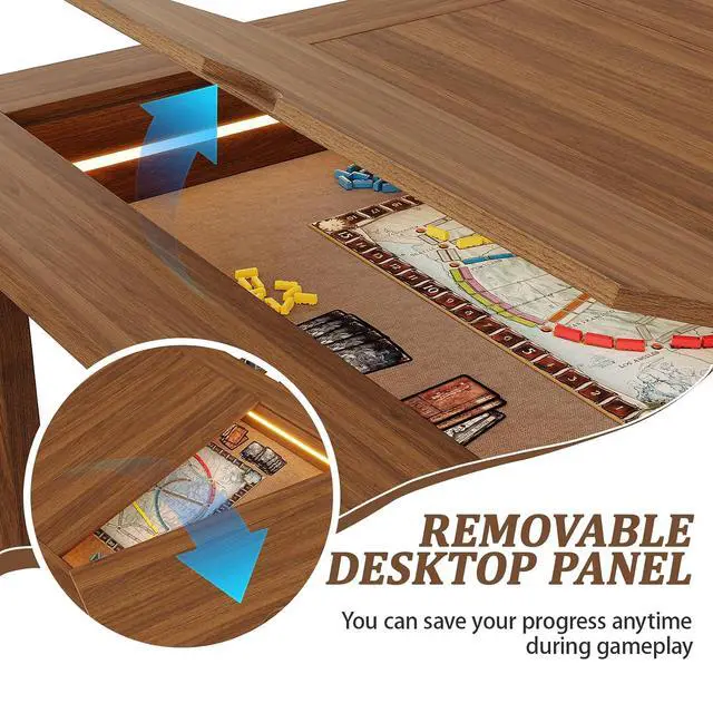 Alt view image 6 of 7 - Board Game Table with Led Lights,63" Dining/Gaming Table, Walnut | Seats 4 to 6 Players, RGB LED Lights, 6 Cup Holders & Trays, 53in x 31.5in Play Area, Removable Top, Game Mat Not Included