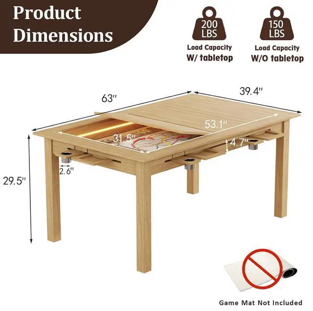 Alt view image 2 of 7 - Board Game Table with Led Lights,63" Dining/Gaming Table, Oak | Seats 4 to 6 Players, RGB LED Lights, 6 Cup Holders & Trays, 53in x 31.5in Play Area, Removable Top, Game Mat Not Included