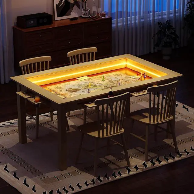 Alt view image 4 of 7 - Board Game Table with Led Lights,63" Dining/Gaming Table, Oak | Seats 4 to 6 Players, RGB LED Lights, 6 Cup Holders & Trays, 53in x 31.5in Play Area, Removable Top, Game Mat Not Included
