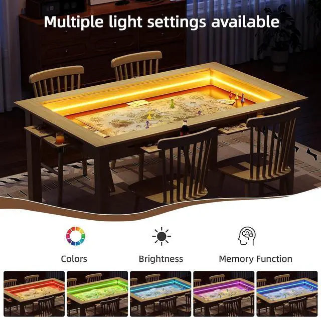 Alt view image 5 of 7 - Board Game Table with Led Lights,63" Dining/Gaming Table, Oak | Seats 4 to 6 Players, RGB LED Lights, 6 Cup Holders & Trays, 53in x 31.5in Play Area, Removable Top, Game Mat Not Included