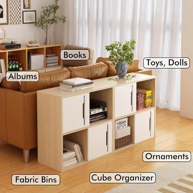 Alt view image 4 of 7 - Wood Bookcase with Sliding Doors, 2 Tier Bedside Bookshelf, Open and Closed Bedroom Shelves Organizer, Modern Storage Cabinet Display Shelf for Living Room, Bedroom, Kids'Room, Natural+White