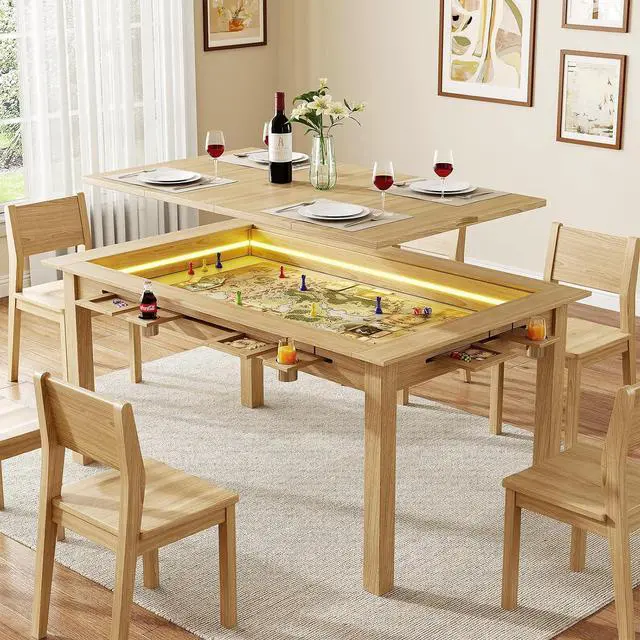 Main image of Board Game Table with Led Lights,63" Dining/Gaming Table, Oak | Seats 4 to 6 Players, RGB LED Lights, 6 Cup Holders & Trays, 53in x 31.5in Play Area, Removable Top, Game Mat Not Included