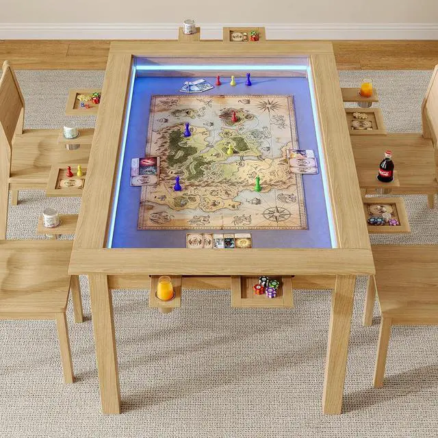 Alt view image 3 of 7 - Board Game Table with Led Lights,63" Dining/Gaming Table, Oak | Seats 4 to 6 Players, RGB LED Lights, 6 Cup Holders & Trays, 53in x 31.5in Play Area, Removable Top, Game Mat Not Included