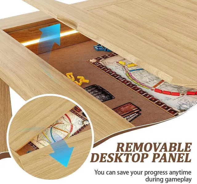 Alt view image 6 of 7 - Board Game Table with Led Lights,63" Dining/Gaming Table, Oak | Seats 4 to 6 Players, RGB LED Lights, 6 Cup Holders & Trays, 53in x 31.5in Play Area, Removable Top, Game Mat Not Included