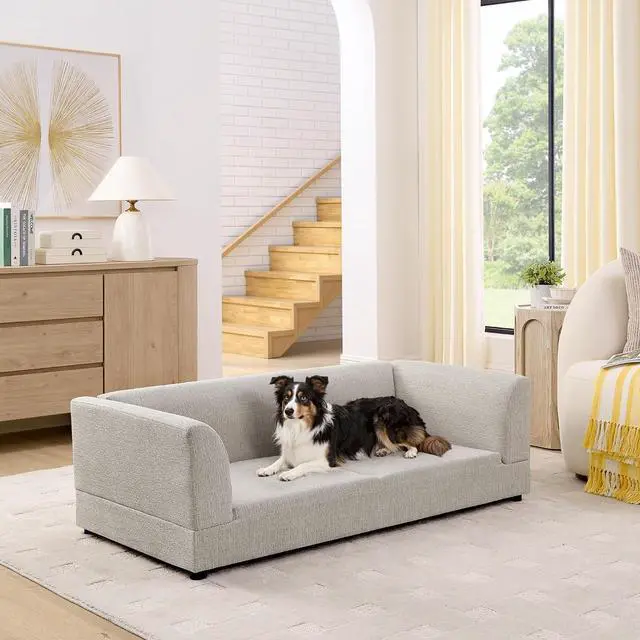 Alt view image 2 of 7 - Elevated XL Dog Bed with Soft Tufted Backrest and Armrest, Beige | Raised Dog Couch for Large and X Large Dogs, Linen Upholstered Comfy Pet Furniture with Legs, 120lbs Weight Capacity