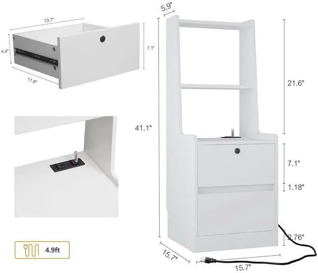 Alt view image 7 of 7 - Tall Nightstand Nightstands Set of 2 with Charging Station, 41" Walnut Bookshelf Nightstand with Night Light, Bed Bedside Tables with Shelves and Drawers for Bedroom, Dorm, Living Room, Black