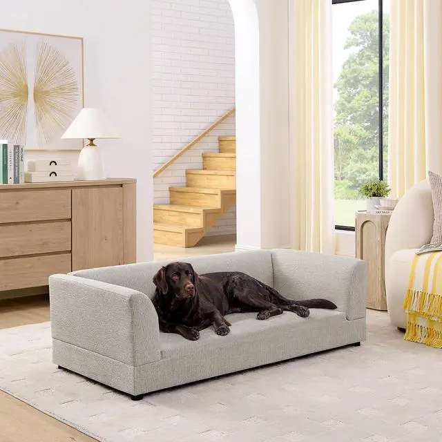 Main image of Elevated XL Dog Bed with Soft Tufted Backrest and Armrest, Beige | Raised Dog Couch for Large and X Large Dogs, Linen Upholstered Comfy Pet Furniture with Legs, 120lbs Weight Capacity