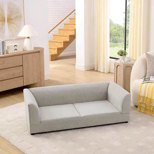 Alt view image 3 of 7 - Elevated XL Dog Bed with Soft Tufted Backrest and Armrest, Beige | Raised Dog Couch for Large and X Large Dogs, Linen Upholstered Comfy Pet Furniture with Legs, 120lbs Weight Capacity