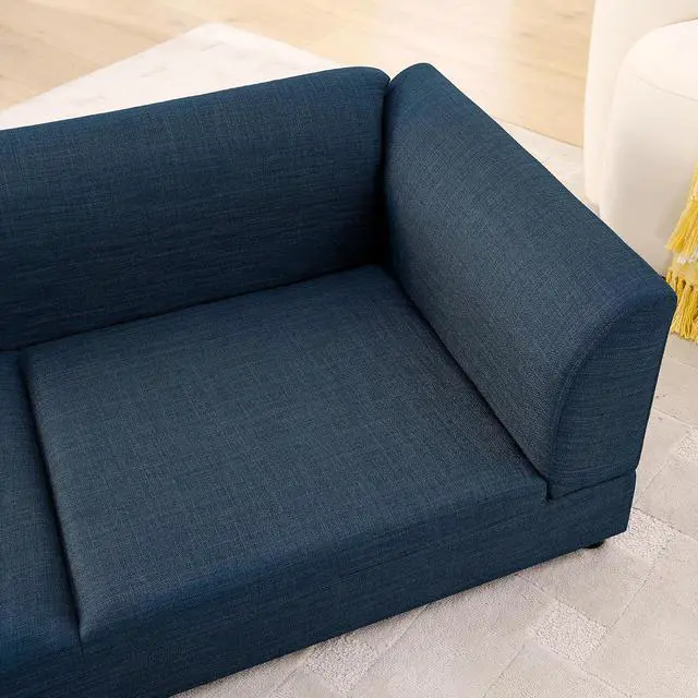 Alt view image 7 of 7 - Elevated XL Dog Bed with Soft Tufted Backrest and Armrest, Dark Blue | Raised Dog Couch for Large and X Large Dogs, Linen Upholstered Comfy Pet Furniture with Legs, 120lbs Weight Capacity