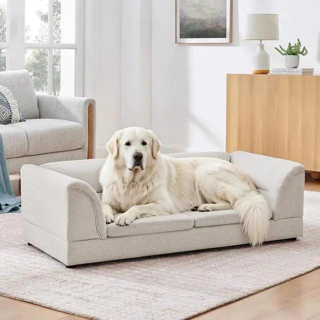 Main image of Elevated Large Dog Bed with 2 Removable Cushion, Beige | Raised Pet Sofa with Washable Cushion Cover, Furniture Style Linen Fabric Dog Couch for Large Dogs, 100lbs Load Capacity