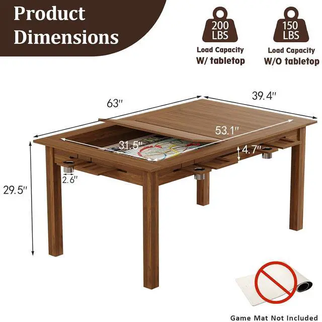 Alt view image 2 of 7 - Board Game Table with Removable Top,63" Dining/Gaming Table, Walnut | Seats 4 to 6 Players, Dual-Use Dining & Gaming Table, 53in x 31.5in Play Area, 6 Cup Holders & Trays, Game Mat Not Included