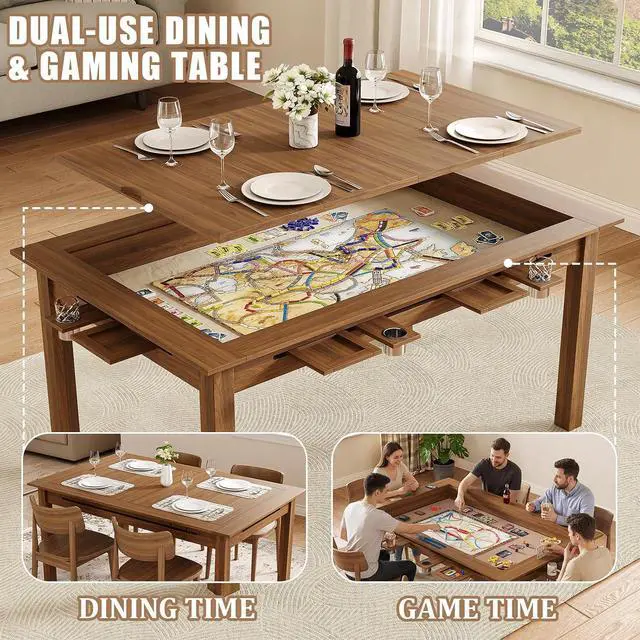 Alt view image 5 of 7 - Board Game Table with Removable Top,63" Dining/Gaming Table, Walnut | Seats 4 to 6 Players, Dual-Use Dining & Gaming Table, 53in x 31.5in Play Area, 6 Cup Holders & Trays, Game Mat Not Included