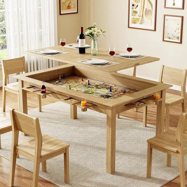 Main image of Board Game Table with Removable Top,63" Dining/Gaming Table, Oak | Seats 4 to 6 Players, Dual-Use Dining & Gaming Table, 53in x 31.5in Play Area, 6 Cup Holders & Trays, Game Mat Not Included