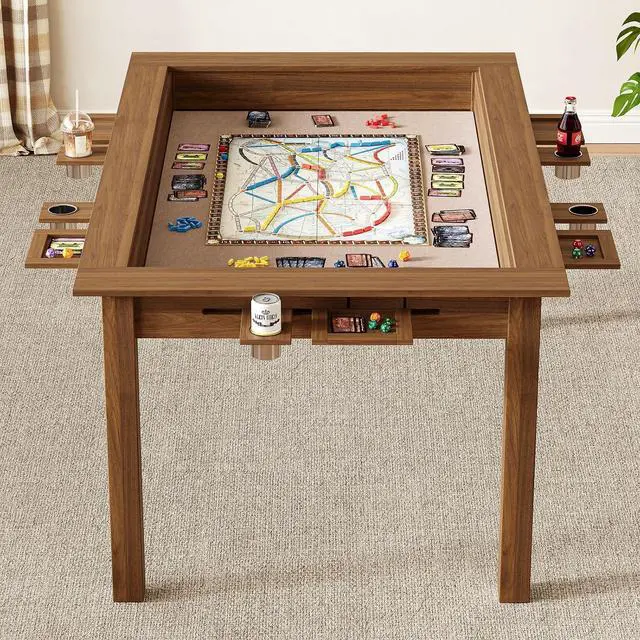 Alt view image 3 of 7 - Board Game Table with Removable Top,63" Dining/Gaming Table, Walnut | Seats 4 to 6 Players, Dual-Use Dining & Gaming Table, 53in x 31.5in Play Area, 6 Cup Holders & Trays, Game Mat Not Included