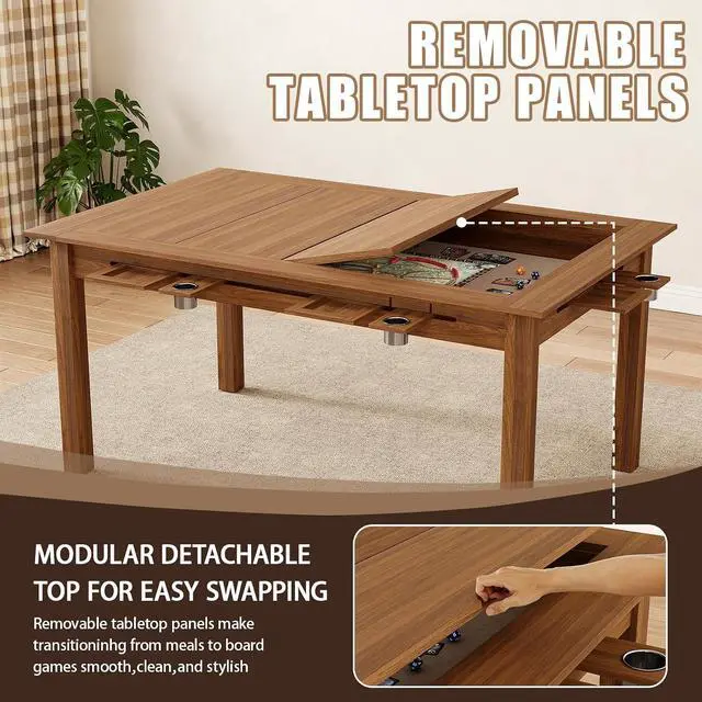 Alt view image 7 of 7 - Board Game Table with Removable Top,63" Dining/Gaming Table, Walnut | Seats 4 to 6 Players, Dual-Use Dining & Gaming Table, 53in x 31.5in Play Area, 6 Cup Holders & Trays, Game Mat Not Included