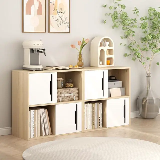 Alt view image 5 of 7 - Wood Bookcase with Sliding Doors, 2 Tier Bedside Bookshelf, Open and Closed Bedroom Shelves Organizer, Modern Storage Cabinet Display Shelf for Living Room, Bedroom, Kids'Room, Natural+White