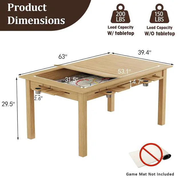 Alt view image 2 of 7 - Board Game Table with Removable Top,63" Dining/Gaming Table, Oak | Seats 4 to 6 Players, Dual-Use Dining & Gaming Table, 53in x 31.5in Play Area, 6 Cup Holders & Trays, Game Mat Not Included