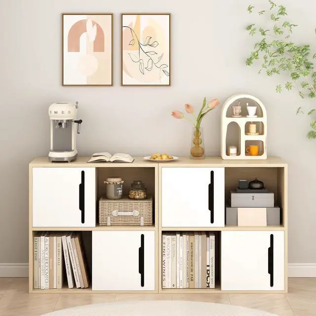 Alt view image 6 of 7 - Wood Bookcase with Sliding Doors, 2 Tier Bedside Bookshelf, Open and Closed Bedroom Shelves Organizer, Modern Storage Cabinet Display Shelf for Living Room, Bedroom, Kids'Room, Natural+White