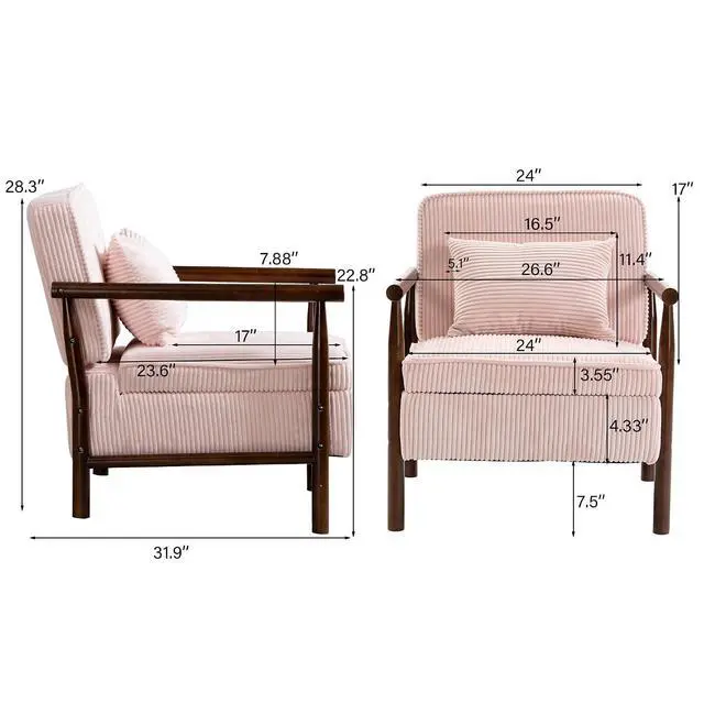 Alt view image 2 of 7 - Storage Armchair with Wide Seat, Mid Century Single Accent Chair with Wooden Armrest, Corduroy Upholstered Living Room Reading Chair with Waist Cushion for Apartment, Bedroom, Sunroom, Light Pink