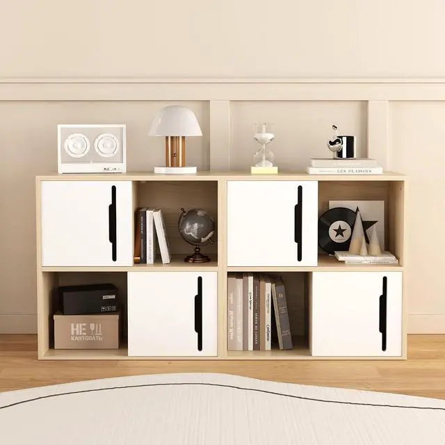 Alt view image 7 of 7 - Wood Bookcase with Sliding Doors, 2 Tier Bedside Bookshelf, Open and Closed Bedroom Shelves Organizer, Modern Storage Cabinet Display Shelf for Living Room, Bedroom, Kids'Room, Natural+White