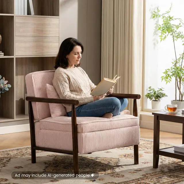 Alt view image 4 of 7 - Storage Armchair with Wide Seat, Mid Century Single Accent Chair with Wooden Armrest, Corduroy Upholstered Living Room Reading Chair with Waist Cushion for Apartment, Bedroom, Sunroom, Light Pink