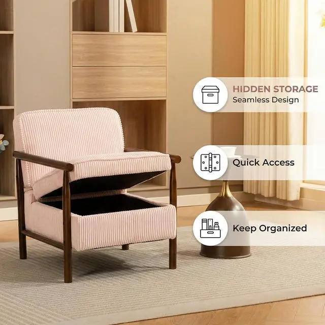 Alt view image 3 of 7 - Storage Armchair with Wide Seat, Mid Century Single Accent Chair with Wooden Armrest, Corduroy Upholstered Living Room Reading Chair with Waist Cushion for Apartment, Bedroom, Sunroom, Light Pink