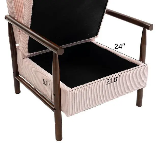 Alt view image 5 of 7 - Storage Armchair with Wide Seat, Mid Century Single Accent Chair with Wooden Armrest, Corduroy Upholstered Living Room Reading Chair with Waist Cushion for Apartment, Bedroom, Sunroom, Light Pink