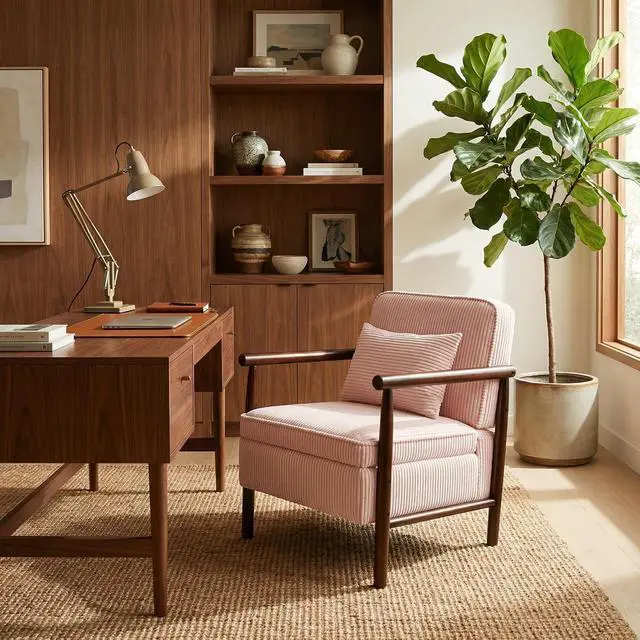 Alt view image 7 of 7 - Storage Armchair with Wide Seat, Mid Century Single Accent Chair with Wooden Armrest, Corduroy Upholstered Living Room Reading Chair with Waist Cushion for Apartment, Bedroom, Sunroom, Light Pink