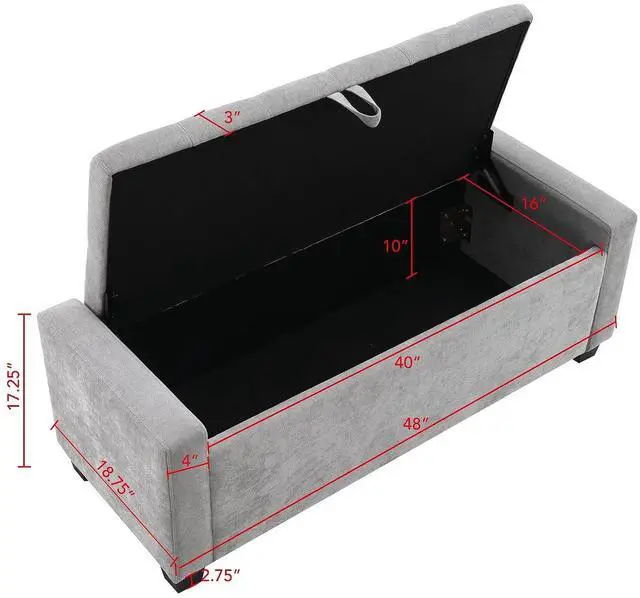 Alt view image 2 of 7 - 48" Bedroom Storage Bench, Upholstered Ottoman with Safety Hinge, Entryway Footrest Bench with Hidden Storage, Footstool for Bedroom, Living Room, Dorm, Hold up to 350 lb, Light Grey