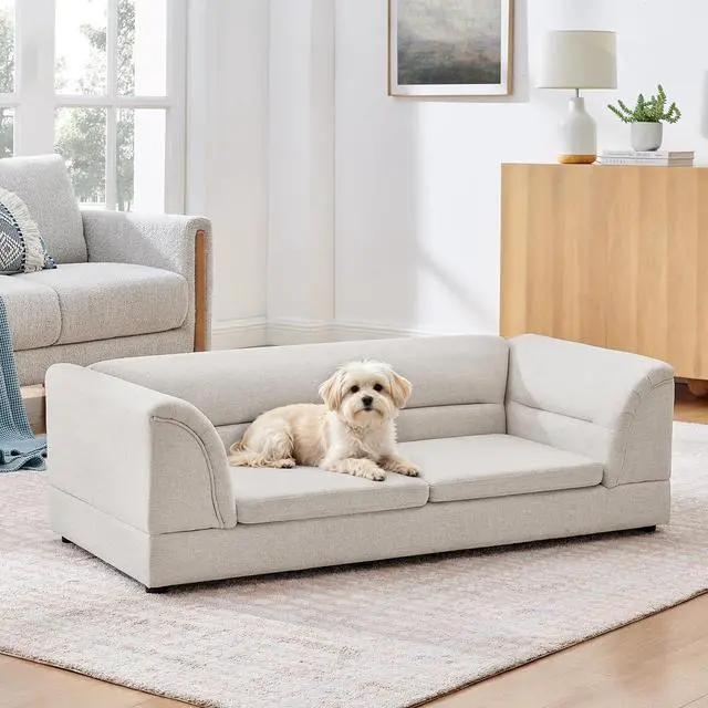 Alt view image 3 of 7 - Elevated Large Dog Bed with 2 Removable Cushion, Beige | Raised Pet Sofa with Washable Cushion Cover, Furniture Style Linen Fabric Dog Couch for Large Dogs, 100lbs Load Capacity