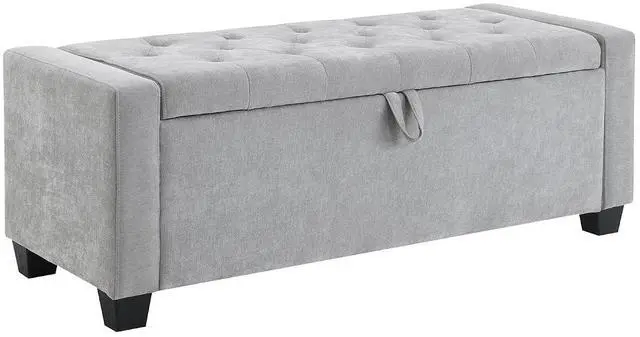 Alt view image 6 of 7 - 48" Bedroom Storage Bench, Upholstered Ottoman with Safety Hinge, Entryway Footrest Bench with Hidden Storage, Footstool for Bedroom, Living Room, Dorm, Hold up to 350 lb, Light Grey