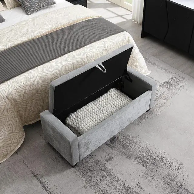 Alt view image 3 of 7 - 48" Bedroom Storage Bench, Upholstered Ottoman with Safety Hinge, Entryway Footrest Bench with Hidden Storage, Footstool for Bedroom, Living Room, Dorm, Hold up to 350 lb, Light Grey