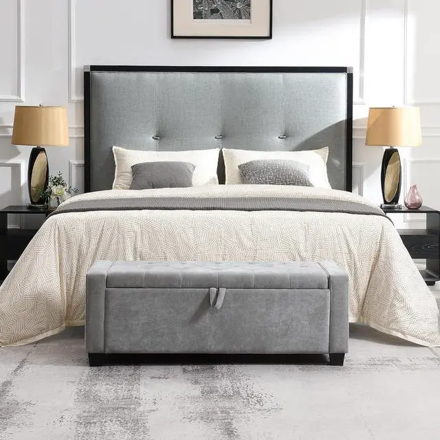 Alt view image 4 of 7 - 48" Bedroom Storage Bench, Upholstered Ottoman with Safety Hinge, Entryway Footrest Bench with Hidden Storage, Footstool for Bedroom, Living Room, Dorm, Hold up to 350 lb, Light Grey