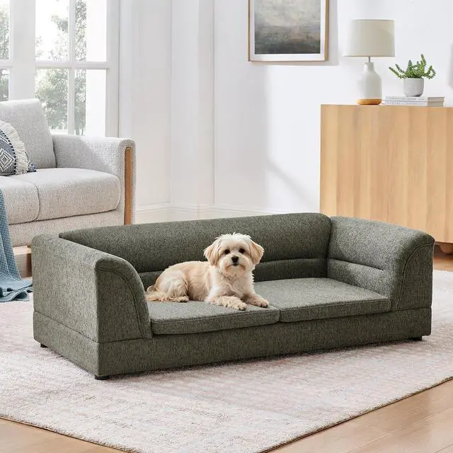 Alt view image 3 of 7 - Elevated Large Dog Bed with 2 Removable Cushion, Dark Gray | Raised Pet Sofa with Washable Cushion Cover, Furniture Style Linen Fabric Dog Couch for Large Dogs, 100lbs Load Capacity