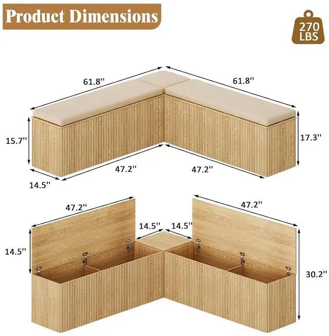 Alt view image 2 of 7 - Breakfast Nook Bench, L Shaped Storage Bench with Cushion, Natural | Fluted Kitchen Corner Dining Bench with Hidden Storage for Dining Room, Entryway, Cloakroom