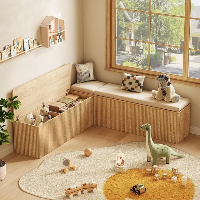 Alt view image 3 of 7 - Breakfast Nook Bench, L Shaped Storage Bench with Cushion, Natural | Fluted Kitchen Corner Dining Bench with Hidden Storage for Dining Room, Entryway, Cloakroom