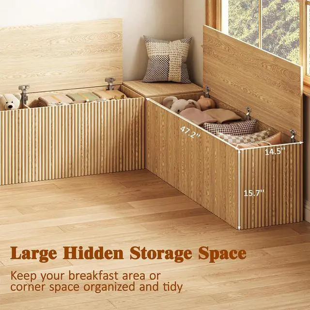 Alt view image 4 of 7 - Breakfast Nook Bench, L Shaped Storage Bench with Cushion, Natural | Fluted Kitchen Corner Dining Bench with Hidden Storage for Dining Room, Entryway, Cloakroom