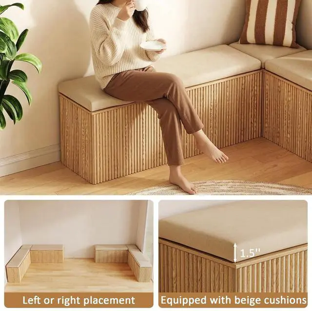 Alt view image 5 of 7 - Breakfast Nook Bench, L Shaped Storage Bench with Cushion, Natural | Fluted Kitchen Corner Dining Bench with Hidden Storage for Dining Room, Entryway, Cloakroom