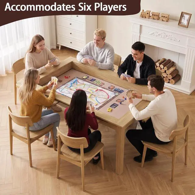 Alt view image 5 of 7 - Board Game Table with Removable Top,63" Dining/Gaming Table, Oak | Seats 4 to 6 Players, Dual-Use Dining & Gaming Table, 53in x 31.5in Play Area, 6 Cup Holders & Trays, Game Mat Not Included