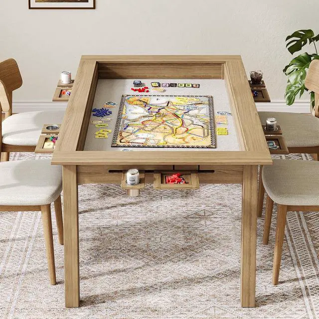 Alt view image 6 of 7 - Board Game Table with Removable Top,63" Dining/Gaming Table, Oak | Seats 4 to 6 Players, Dual-Use Dining & Gaming Table, 53in x 31.5in Play Area, 6 Cup Holders & Trays, Game Mat Not Included