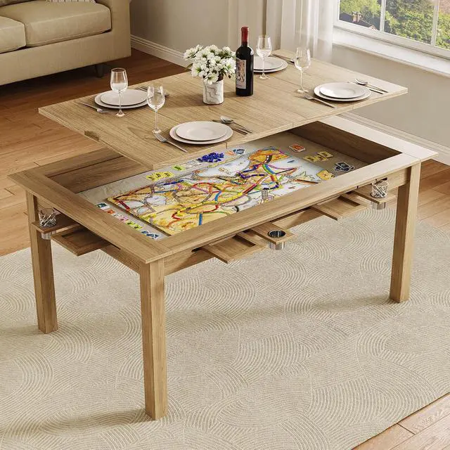 Alt view image 7 of 7 - Board Game Table with Removable Top,63" Dining/Gaming Table, Oak | Seats 4 to 6 Players, Dual-Use Dining & Gaming Table, 53in x 31.5in Play Area, 6 Cup Holders & Trays, Game Mat Not Included