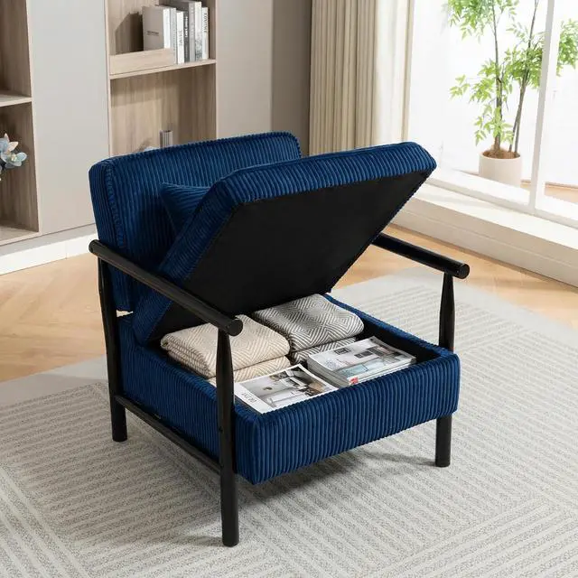 Main image of Storage Armchair with Wide Seat, Mid Century Single Accent Chair with Wooden Armrest, Corduroy Upholstered Living Room Reading Chair with Waist Cushion for Apartment, Bedroom, Sunroom, Antique Blue