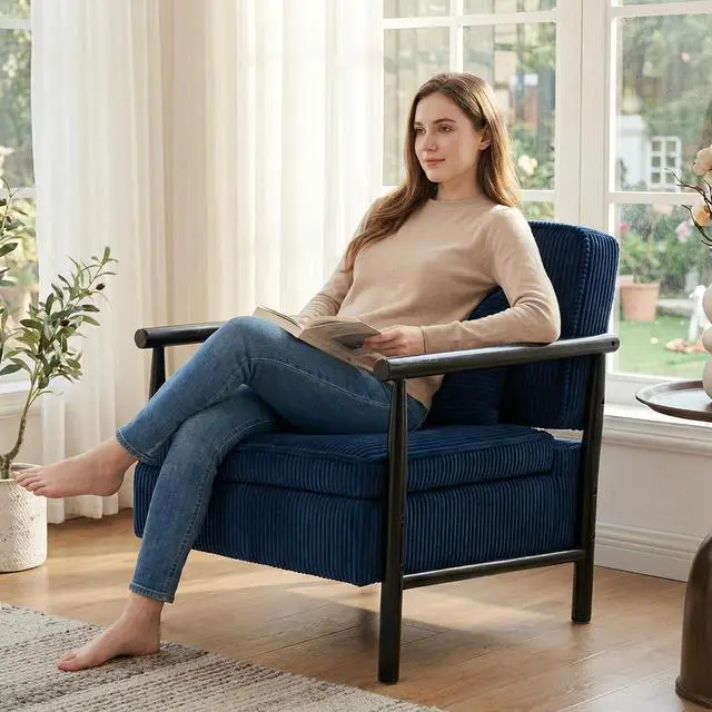 Alt view image 3 of 7 - Storage Armchair with Wide Seat, Mid Century Single Accent Chair with Wooden Armrest, Corduroy Upholstered Living Room Reading Chair with Waist Cushion for Apartment, Bedroom, Sunroom, Antique Blue