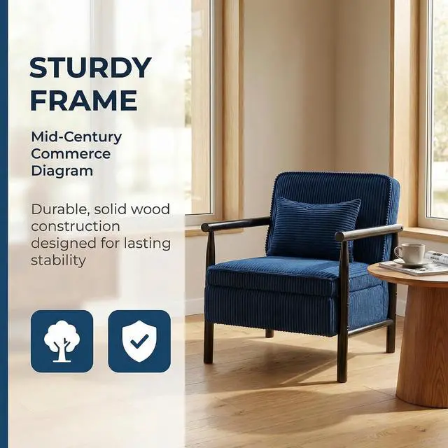 Alt view image 4 of 7 - Storage Armchair with Wide Seat, Mid Century Single Accent Chair with Wooden Armrest, Corduroy Upholstered Living Room Reading Chair with Waist Cushion for Apartment, Bedroom, Sunroom, Antique Blue