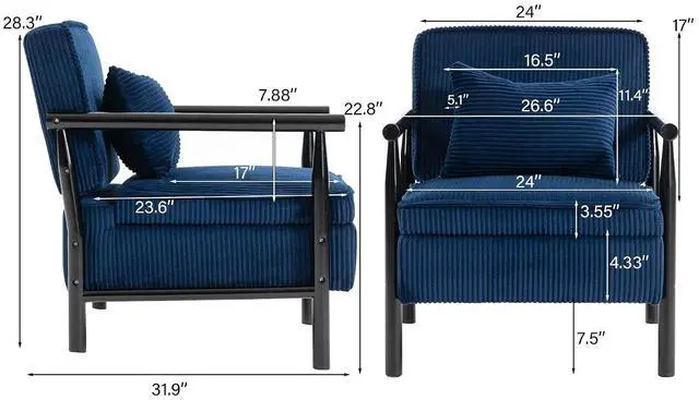 Alt view image 2 of 7 - Storage Armchair with Wide Seat, Mid Century Single Accent Chair with Wooden Armrest, Corduroy Upholstered Living Room Reading Chair with Waist Cushion for Apartment, Bedroom, Sunroom, Antique Blue