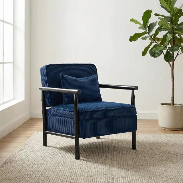 Alt view image 6 of 7 - Storage Armchair with Wide Seat, Mid Century Single Accent Chair with Wooden Armrest, Corduroy Upholstered Living Room Reading Chair with Waist Cushion for Apartment, Bedroom, Sunroom, Antique Blue