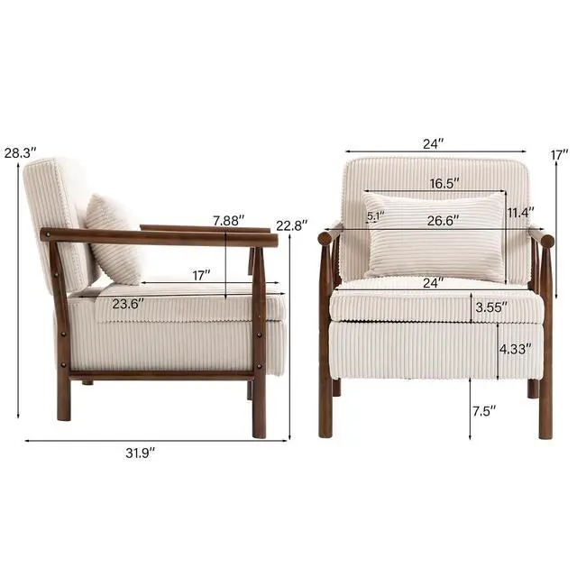 Alt view image 2 of 7 - Storage Armchair with Wide Seat, Mid Century Single Accent Chair with Wooden Armrest, Corduroy Upholstered Living Room Reading Chair with Waist Cushion for Apartment, Bedroom, Sunroom, Antique White